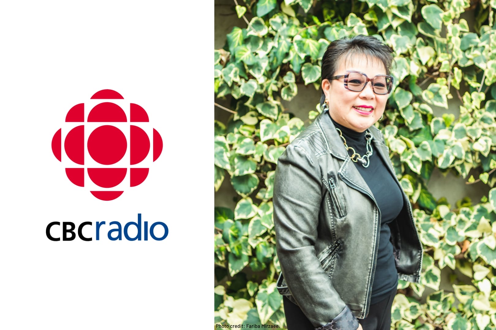 CBC Radio logo on left and Linda Chu standing in front of a leafy wall on the right