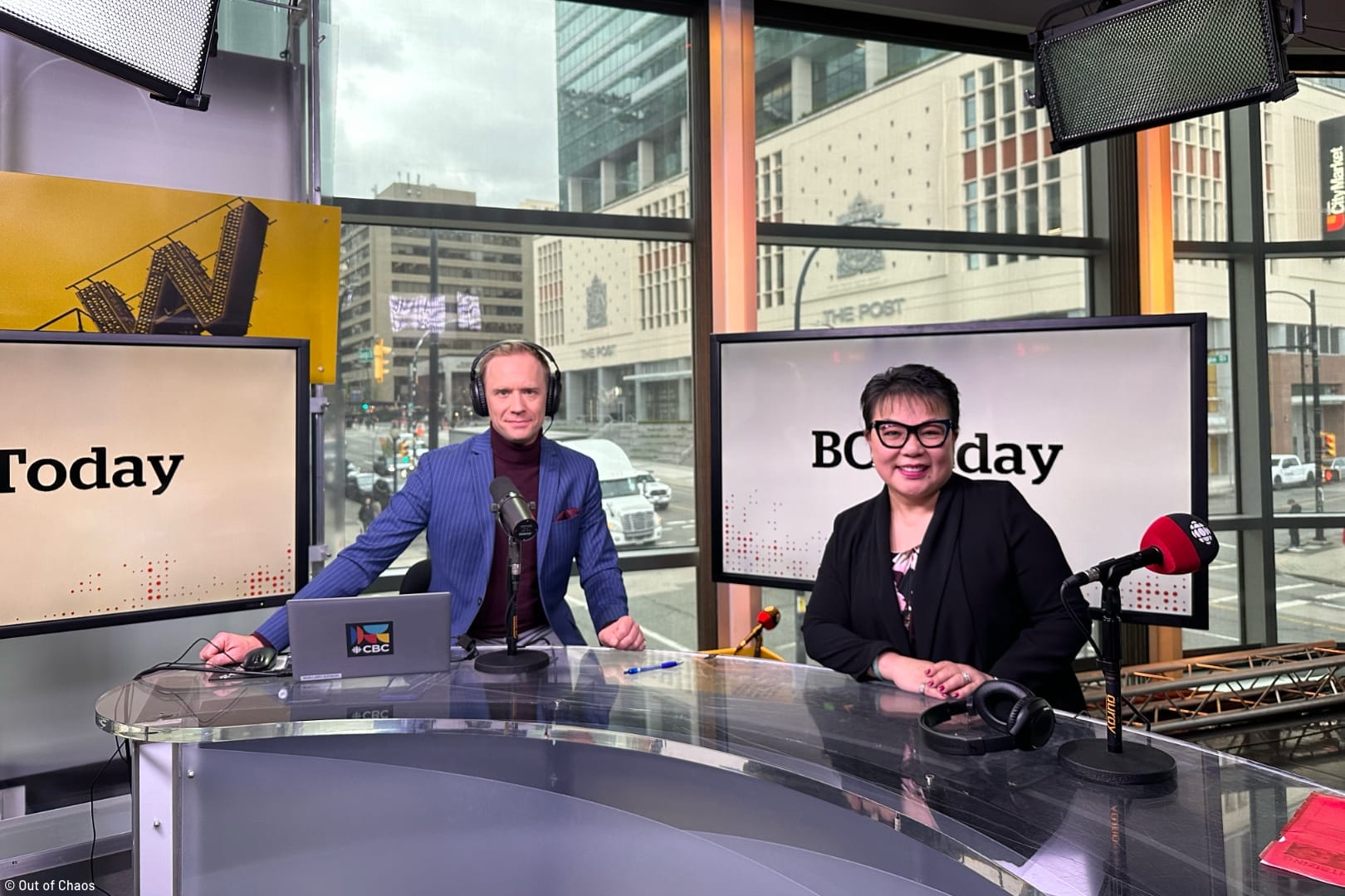 Linda Chu on the set of CBC BC Today radio show