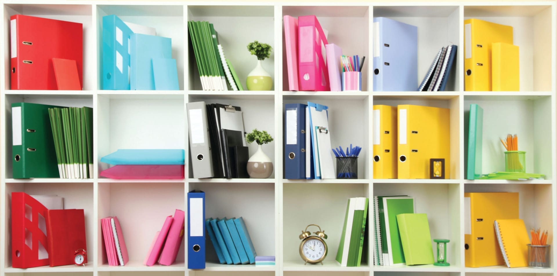Colorful office shelves that are organized