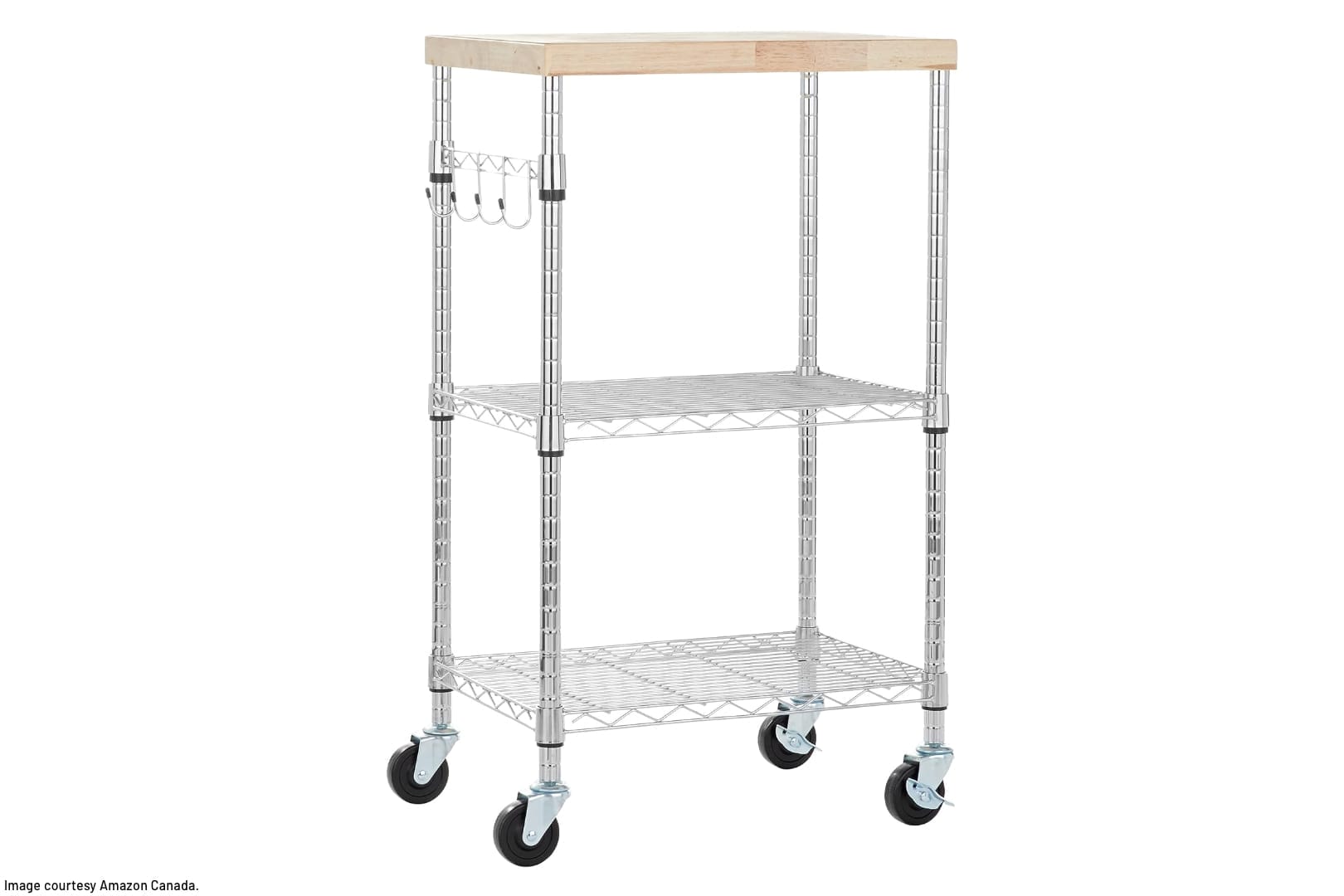 three shelf rolling stainless steel cart with solid wood top
