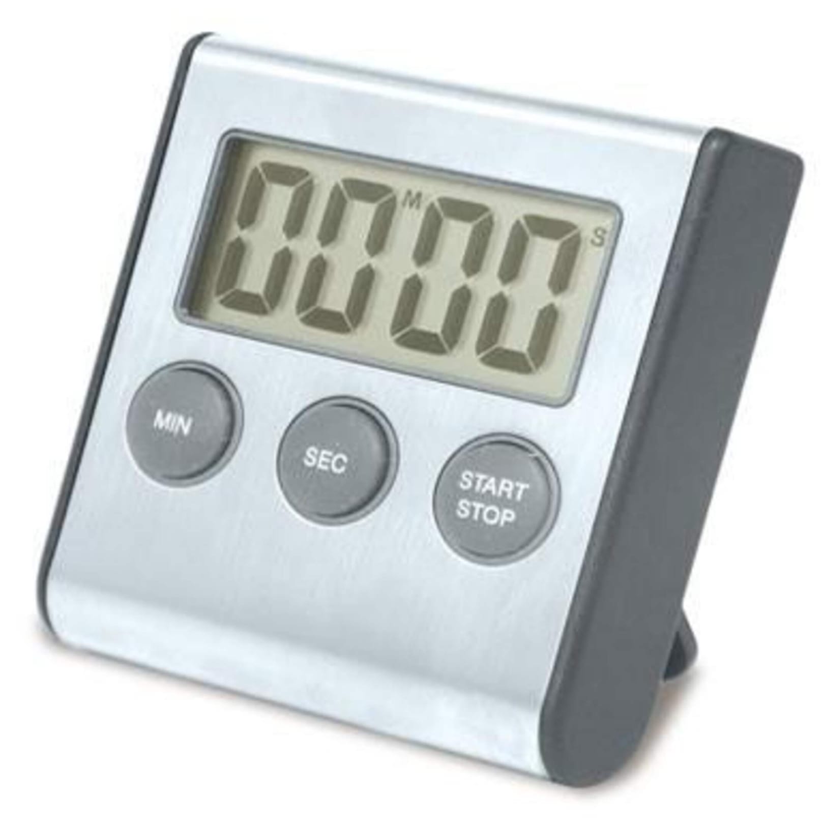 a stainless steel digital timer with grey buttons and large numbers