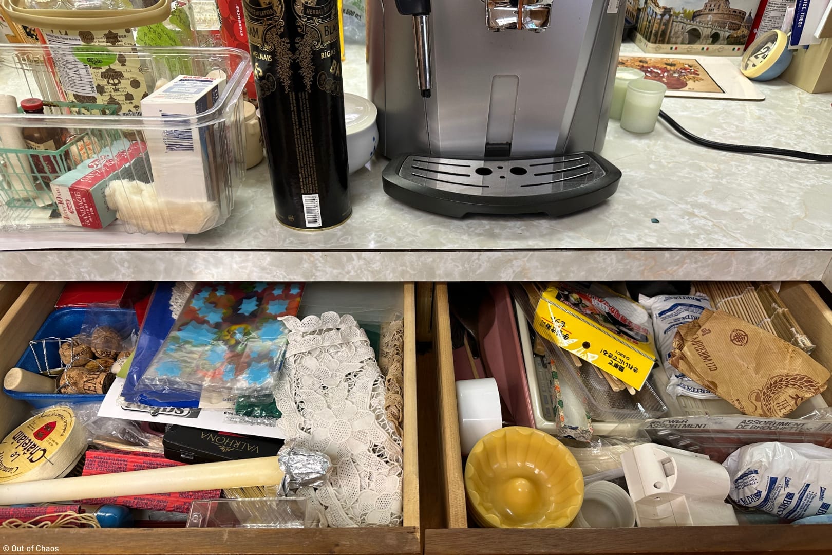 Two very messy junk drawers in a kitchen filled with random household and kitchen items