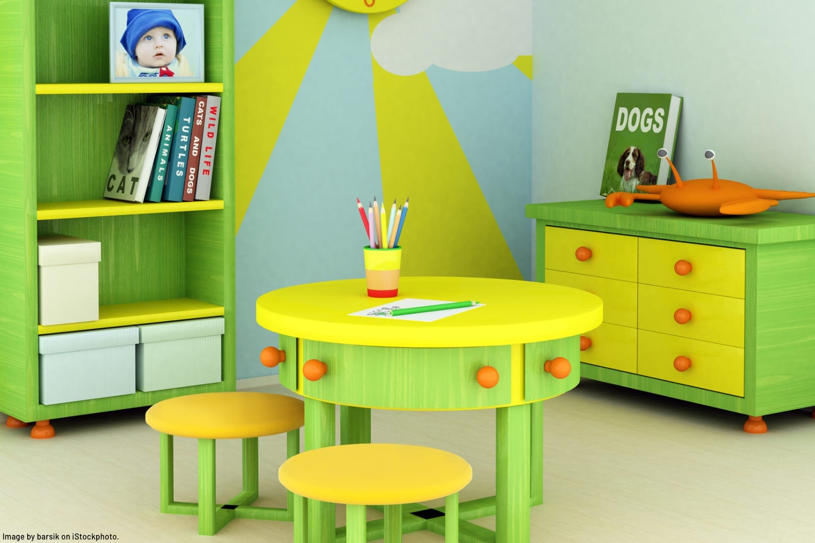 bright green and yellow playroom with storage solutions to keep kids organized