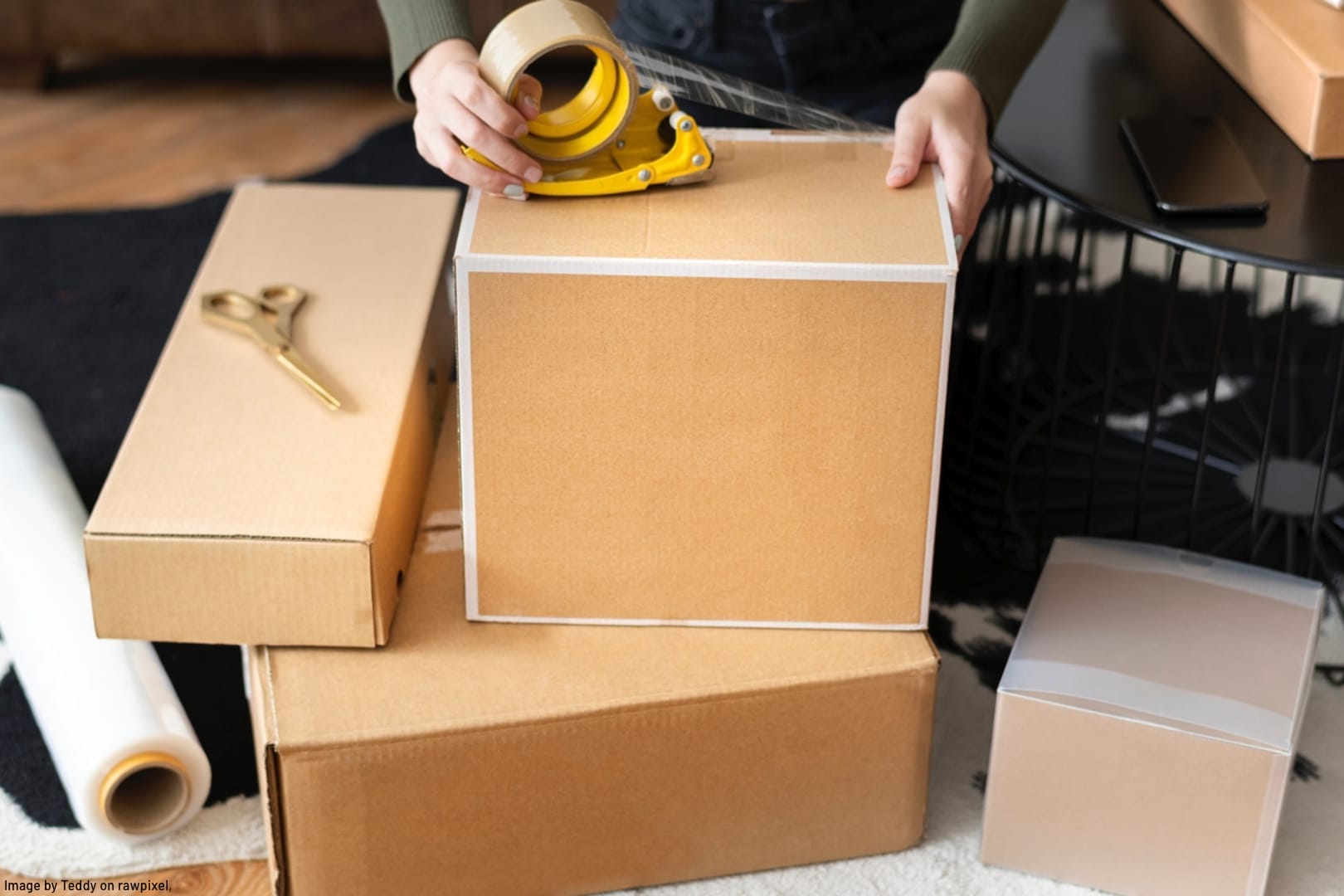 person putting tape on a moving box