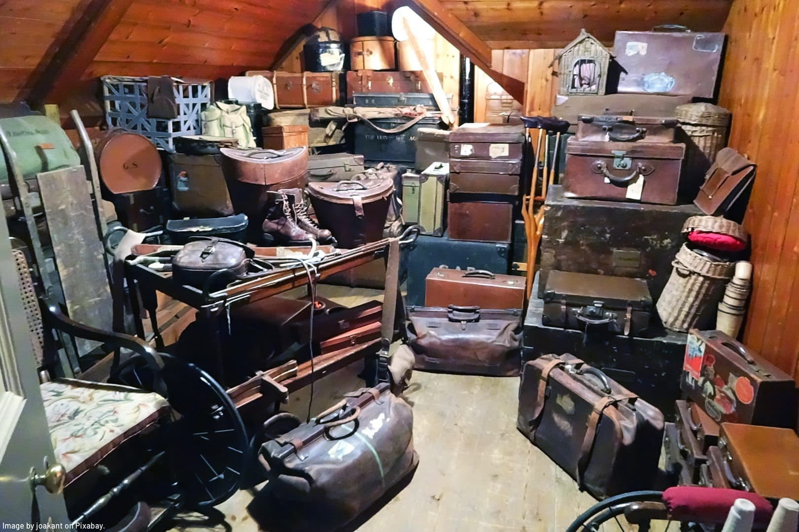 storage and utility rooms filled with clutter including suitcases, furniture and more