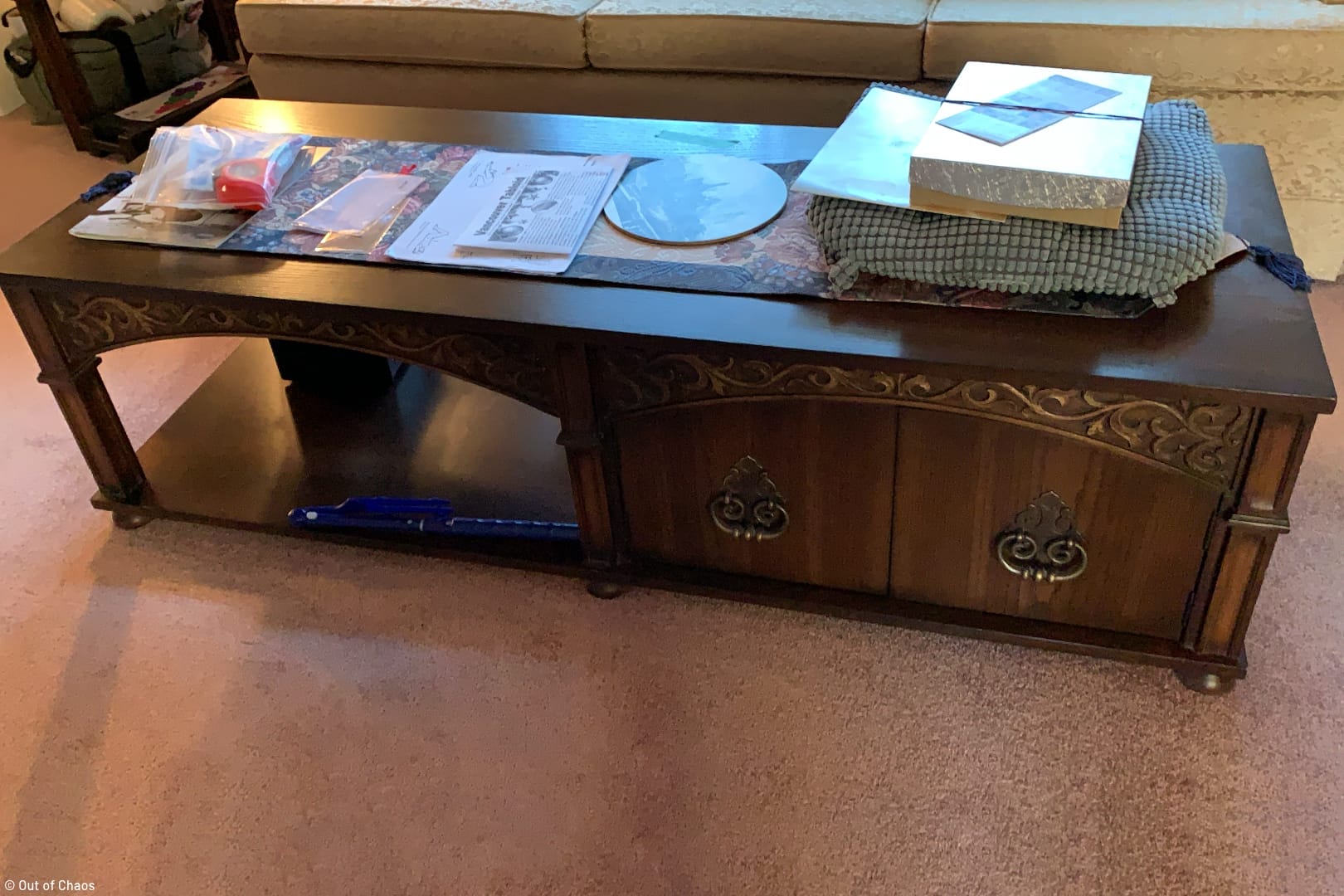 large brown coffee table in middle of living room
