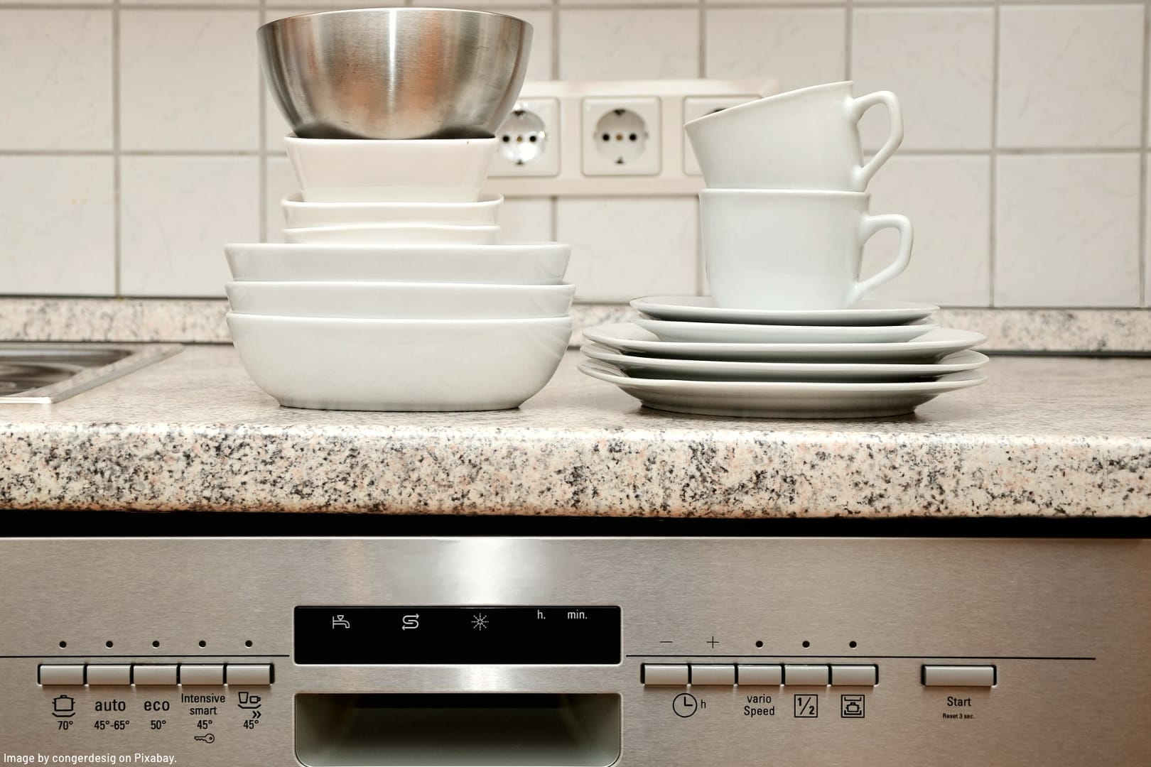 dishes stacked on a counter above a dishwasher representing the power of automation