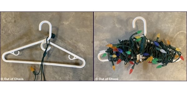 sorting Christmas lights on clothes hangers