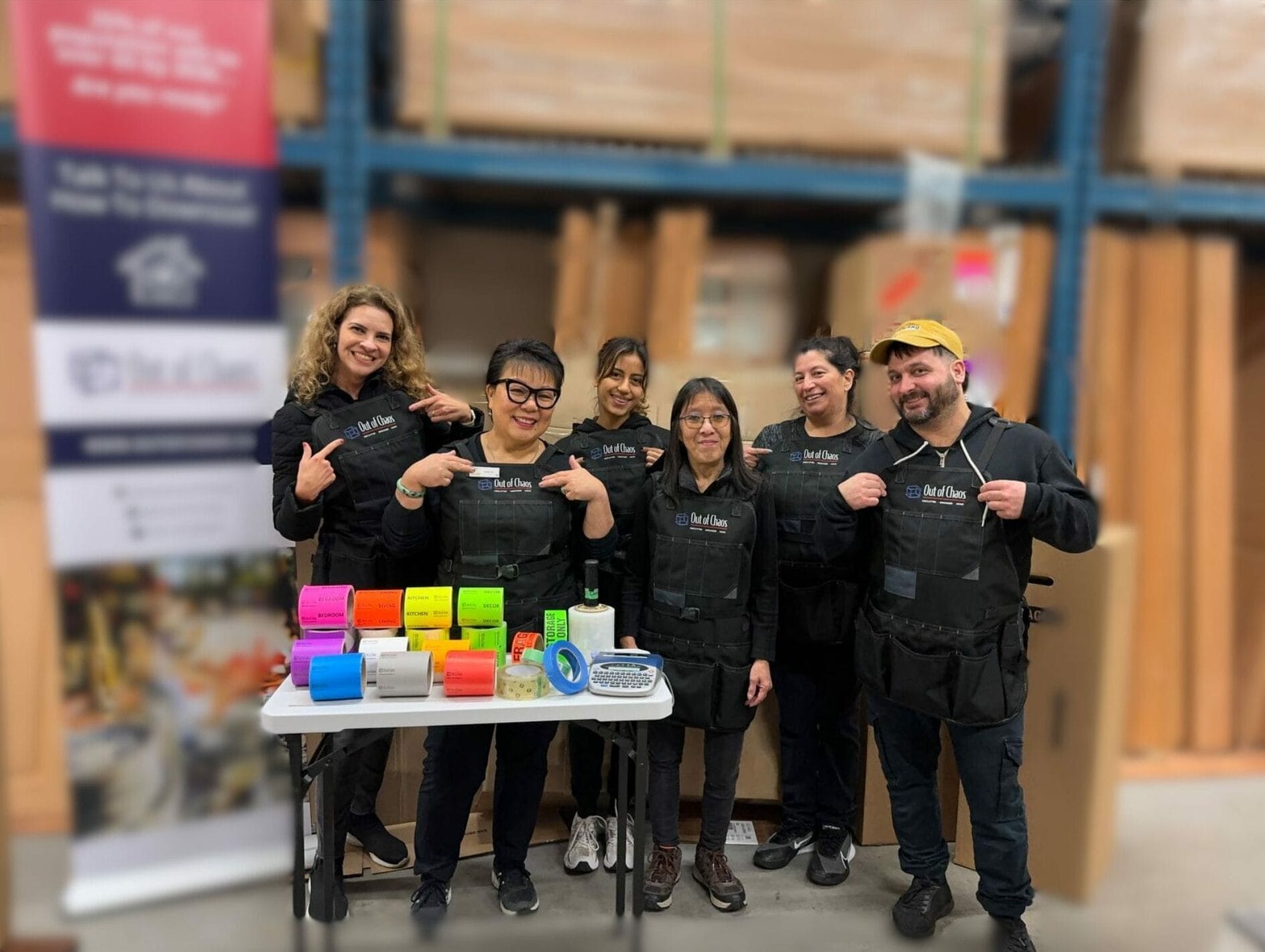 Group photo of Linda Chu's team, smiling and standing together while pointing at the "Out of Chaos" logo displayed on their work attire